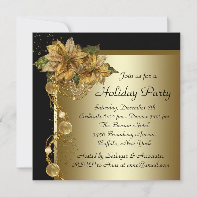 Elegant Guld Poinsettia Black Guld jul Party Inbjudningar (Framsida)