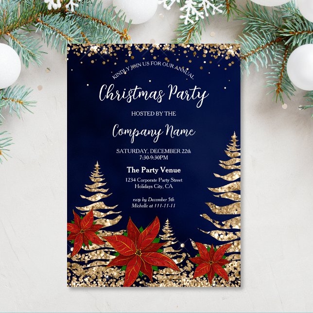 Elegant Guld Poinsettia Corporate jul Party Inbjudningar (christmas party invitation with glitter gold pines and red poinsettia on the navy background)