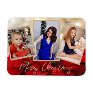 Elegant Guld Poinsettia God jul 3 Foton Magnet