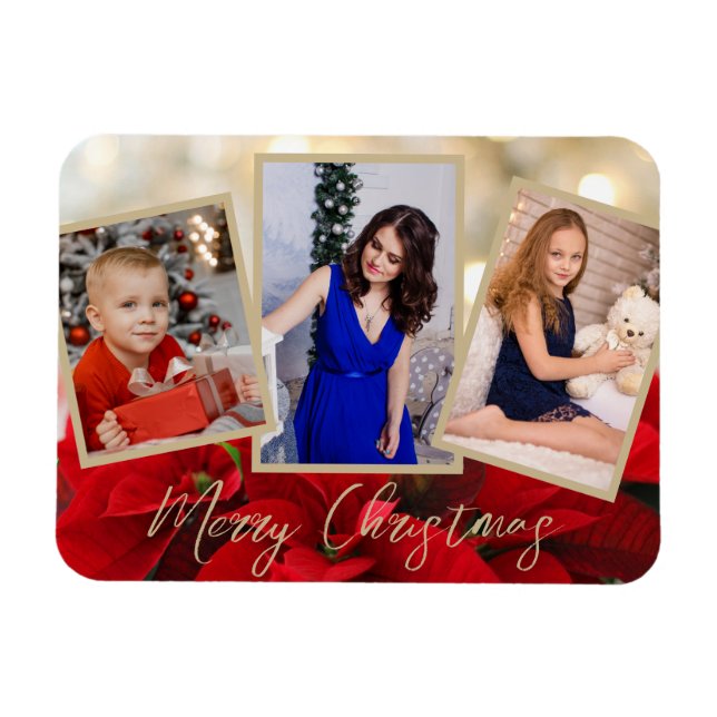 Elegant Guld Poinsettia God jul 3 Foton Magnet (Horisontell)
