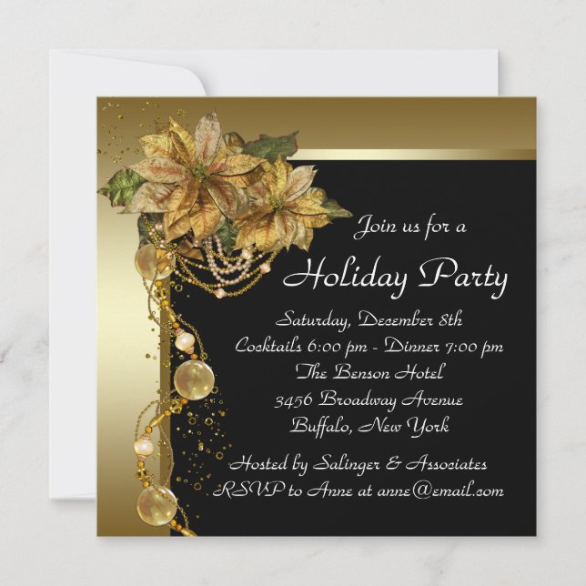 Elegant Guld Poinsettia jul Party Inbjudningar (Framsida)