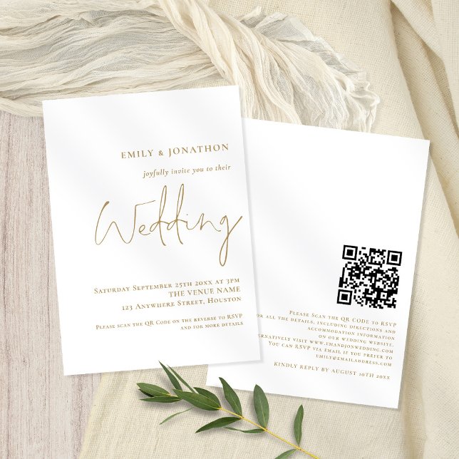 Elegant Guld QR-kod Bröllop Inbjudningar (Front and back view. Available digitally or printed. Part of a matching wedding suite)