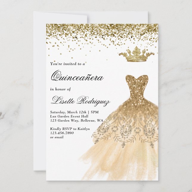 Elegant Guld Quinceanera Inbjudningar (Framsida)