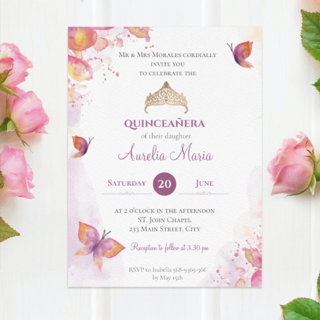 Elegant Guld Quinceañera Tiara Butterflies Inbjudningar (Elegant Gold Quinceañera Tiara Butterflies Invitation)
