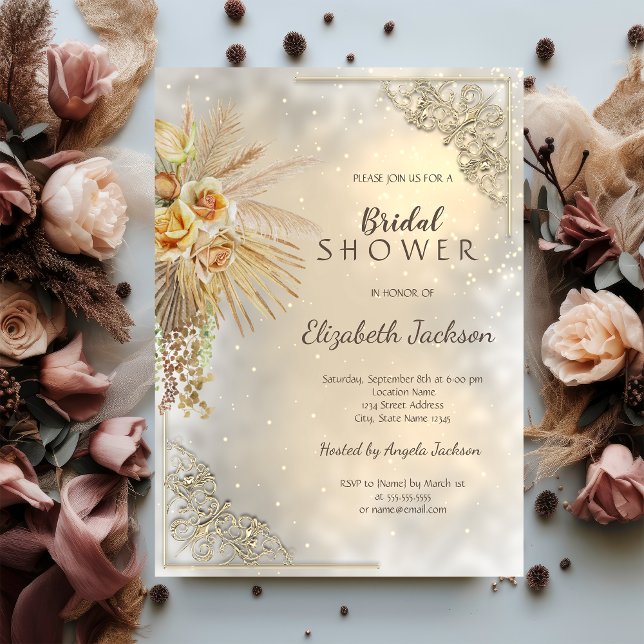 Elegant Guld Ram Boho Blommor Bröllopsdusch Inbjudningar (Skapare uppladdad)