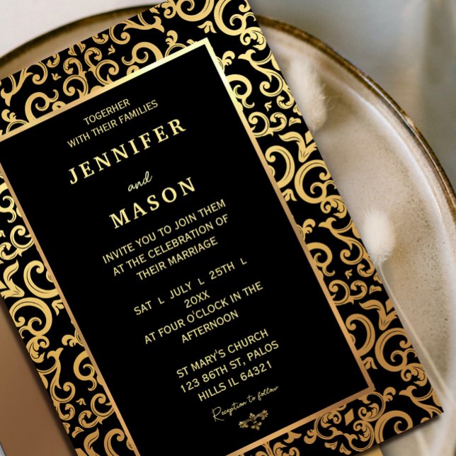 Elegant guld Ram Bröllop Inbjudningar (Elegant gold Frame Wedding Invitation #elegantdecorativeframe #antiquframeinvitation #classic)