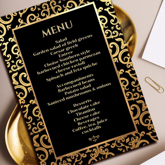 Elegant guld Ram Bröllop, innermeny Inbjudningar (Elegant gold Frame Wedding Dinner Menu Invitation #decorativeframeinvitation #zazzleinvitation #gold)
