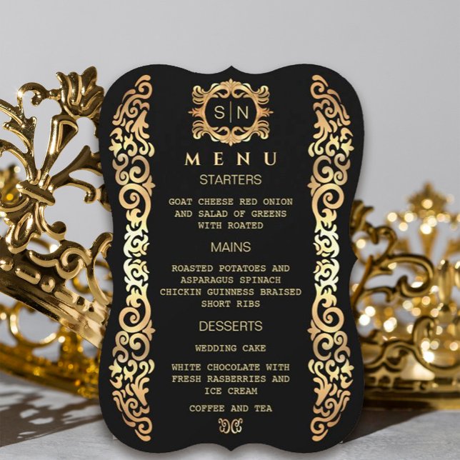 Elegant guld Ram Bröllop Menu (#zazzlemade #royal #blackandgold #goldframe #luxury #vintagegoldframe #illustratorgoldframe #origena)