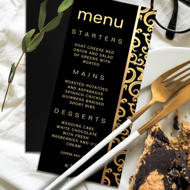 Elegant guld Ram Bröllop Menu Inbjudningar (Elegant gold Frame Wedding Menu Invitation #zazzlefinds #elegantmenu #blackandgld #decorationframe)