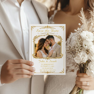 Elegant Guld Ram Bröllop Save the Date Fotokort Spara Datumet