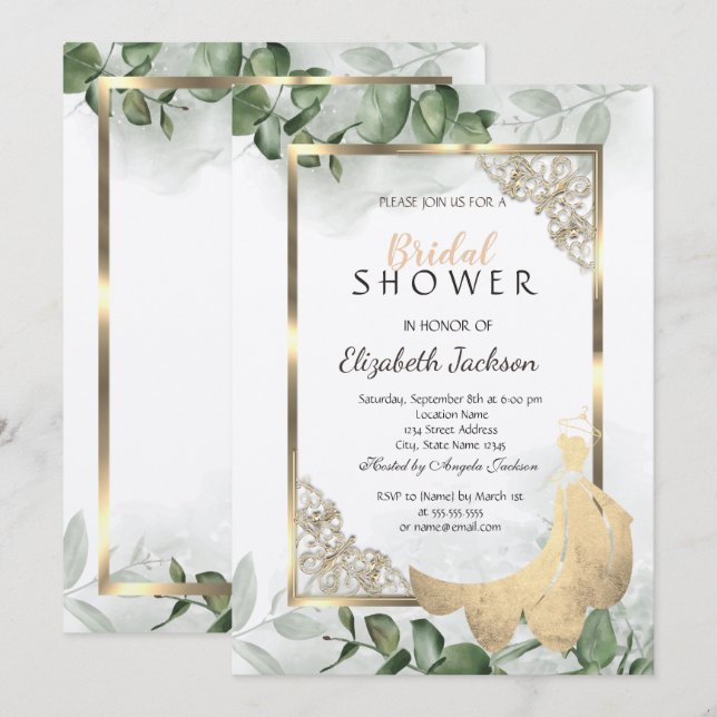 Elegant Guld Ram,Eucalyptus Dress Möhippa Inbjudningar (Fram/baksida)