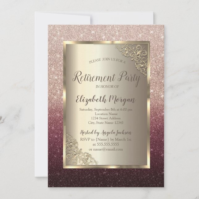 Elegant guld ram glitter Ombre pension Inbjudningar (Framsida)