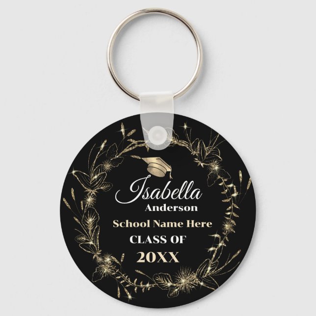 Elegant Guld Ram Grad Namn Studenten Nyckelring (Framsida)