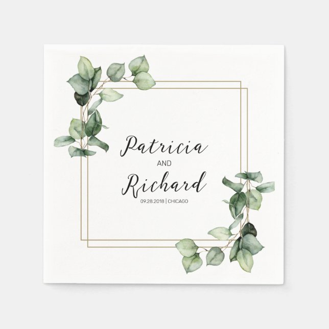 Elegant Guld Ram Greenery Elegant bröllop Pappersservett (Framsidan)