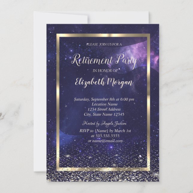 Elegant guld ram Konfetti Cool lila Pensionering Inbjudningar (Framsida)