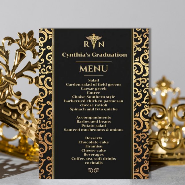 Elegant guld Ram Medical Studenten Middag Menu Inbjudningar (#zazzlemade #medicalgraduation #partyinvitationgold #frame #Modernmedicalschool #doctor #graduation)