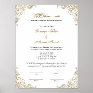 Elegant guld ram Muslim nikkah-intyg Poster