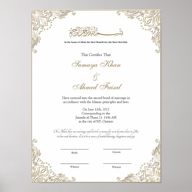 Elegant guld ram Muslim nikkah-intyg Poster (Framsidan)