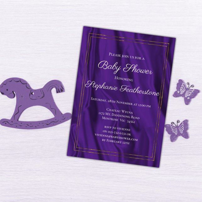 Elegant Guld Ram och Lila Silke Baby Shower Inbjudningar (Skapare uppladdad)