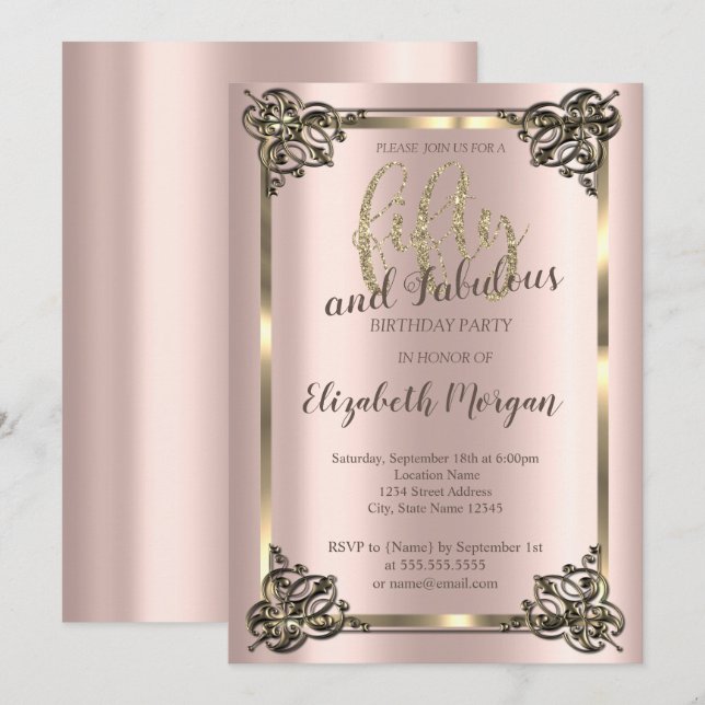 Elegant Guld Ram, Ro Guld 50:e Födelsedagsfesten Inbjudningar (Fram/baksida)