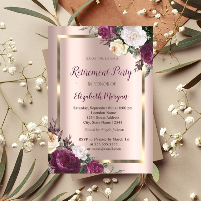 Elegant Guld Ram,Ro Guld Burgundy Pension Inbjudningar (Skapare uppladdad)