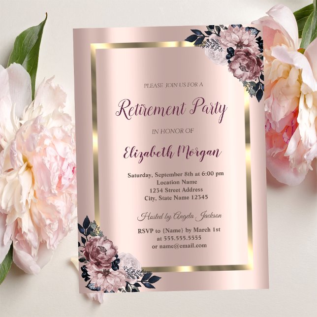 Elegant  Guld Ram, Roséguld Blommig Pensionering Inbjudningar (Skapare uppladdad)