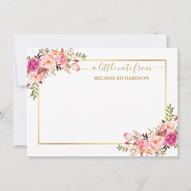 Elegant Guld Ram Vattenfärgsfärgad Rosa  Blommigt Anteckningskort (Framsida)