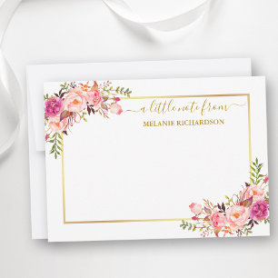 Elegant Guld Ram Vattenfärgsfärgad Rosa Blommigt Anteckningskort
