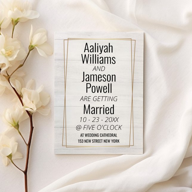 Elegant guld ram, vit trätypografi Bröllop Inbjudningar (Elegant gold frame white wood typography Wedding)
