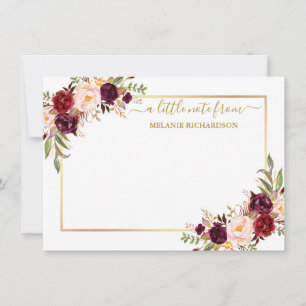 Elegant Guld Ram Watercolor Burgundy Blommigt Anteckningskort