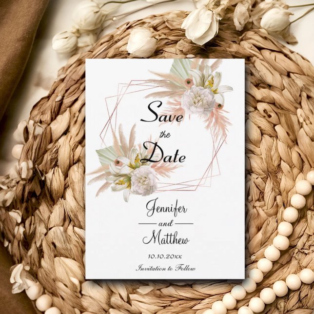 Elegant Guld Ram White Blommigt Pampas Grass 5x7" Spara Datumet (Skapare uppladdad)