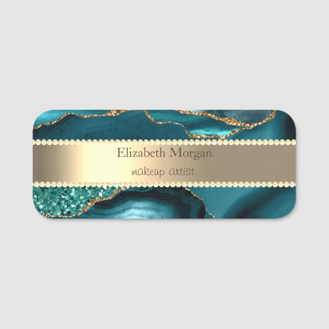 Elegant Guld Rand,Glitter Pearls Emerald Grönt Namnbricka (Framsida)