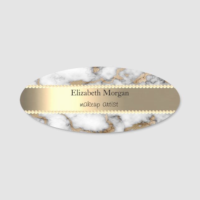 Elegant Guld Rand, pärlor, vit marmor Guld Namnbricka (Framsida)