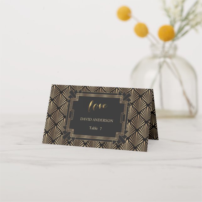Elegant Guld Raring 1920:s Underbara Gatsby Bröllo Placeringskort (Baksida)