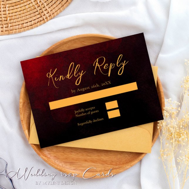 Elegant Guld Red and Black Bröllop OSA Card (Skapare uppladdad)