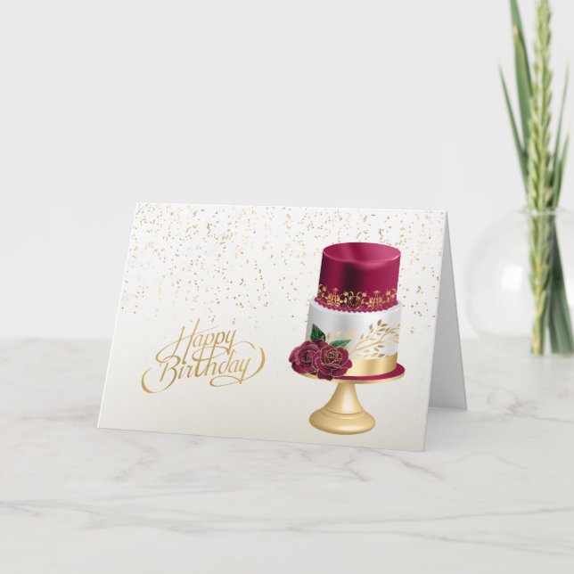 Elegant Guld Red Birthday Cake Kort (Framsida)