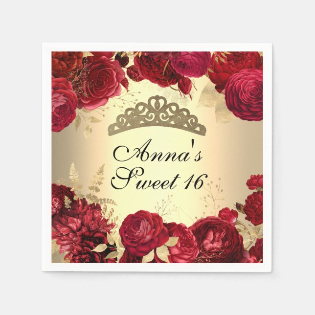 Elegant Guld Red Blommigt Thned Sweet sixteen Pappersservett (Framsidan)
