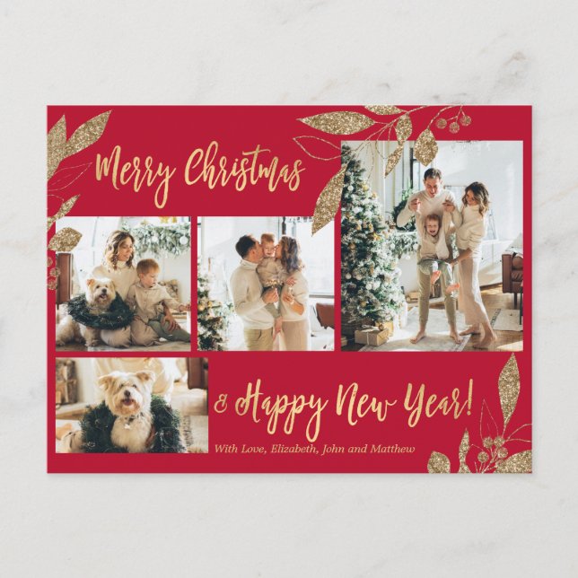 Elegant Guld Red Botanical Photo Collage jul Vykort (Framsida)