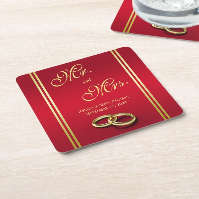 Elegant Guld & Red, Bröllop Ringar Bröllop Underlägg Papper Kvadrat (Vinklad)