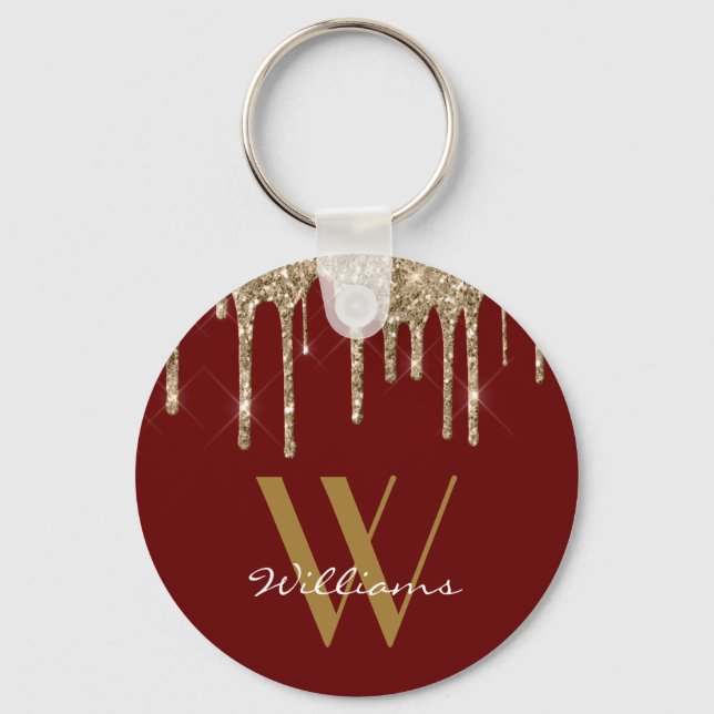 Elegant Guld Red Glitter Drives Monogram Namn Nyckelring (Framsida)