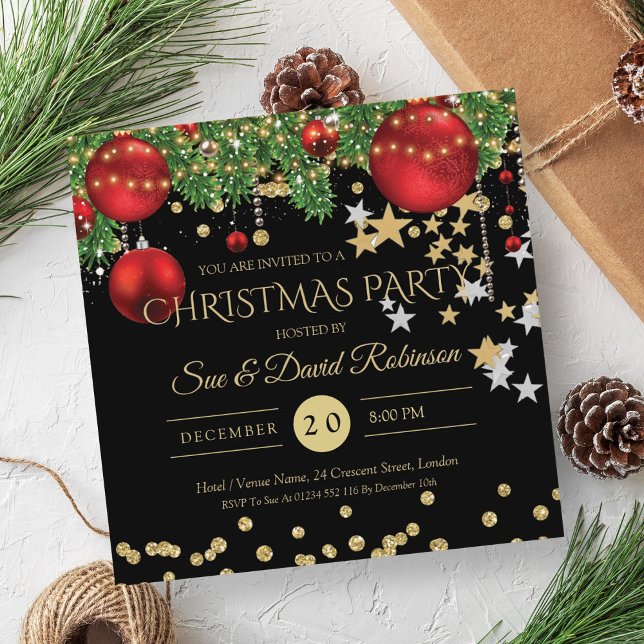 Elegant Guld Red Glitter-Julfesten Inbjudningar (Elegant Gold Red Glitter Christmas Holiday Party Invitation)