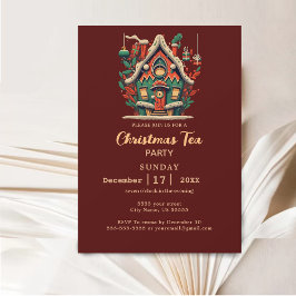 Elegant Guld & Red House-jultea Party Inbjudningar
