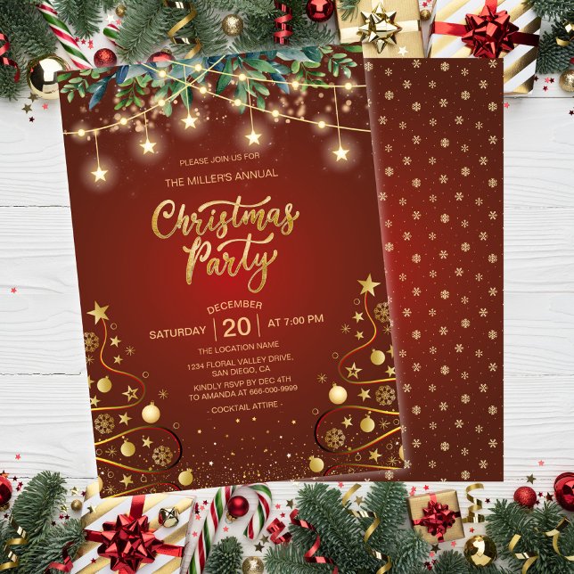 Elegant Guld Red jul House Corporate Party Inbjudningar (Elegant Gold Red Christmas Eve Holiday Home Party Invitation)