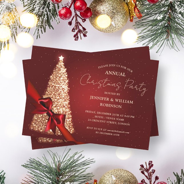 Elegant Guld Red Julafton Träd Ribbon Julfest Inbjudningar (Elegant Gold Red Xmas Tree Ribbon Holiday Party Invitation)