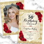 Elegant Guld Red Photo 50:e födelsedagen Inbjudningar<br><div class="desc">Femininininbjudan till elegantens blommigt på 50 års födelsedag med ditt foto på baksidan av kortet. Glam-design med faux glitter guld. Funktioner guld rand, röd ros, skriptteckensnitt och konetti. Perfekt för en snyggt vuxen under firande party. Anpassa med dina egna detaljer. Kan anpassas för vilken ålder som helst! Skrivna Zazzle-inbjudningar eller...</div>
