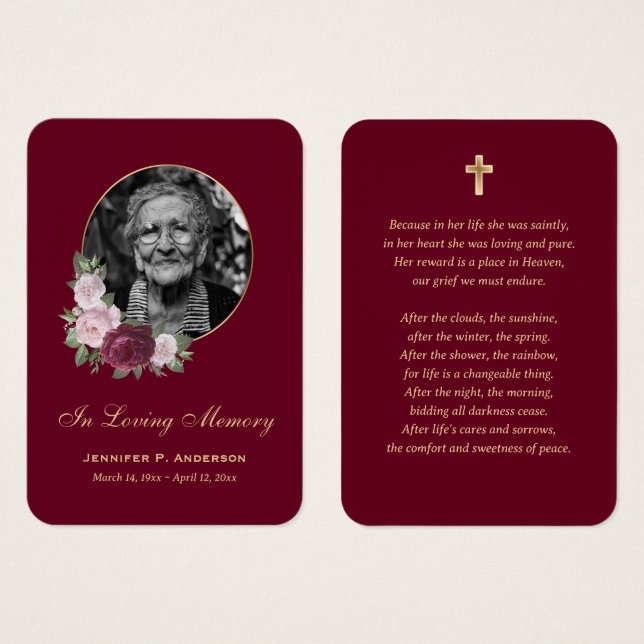 Elegant Guld Red Rosa Blommigt Memorial Card Visitkort (Framsida & baksida)