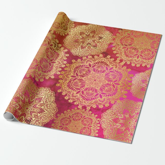 Elegant Guld Red Rosa Mandala Mönster Presentpapper (Utrullad)