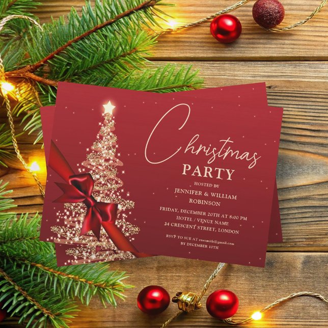 Elegant Guld Red Shimmering Julafton Träd Helgdag Inbjudningar (Elegant Gold Red Shimmering Xmas Tree Holiday Invitation)
