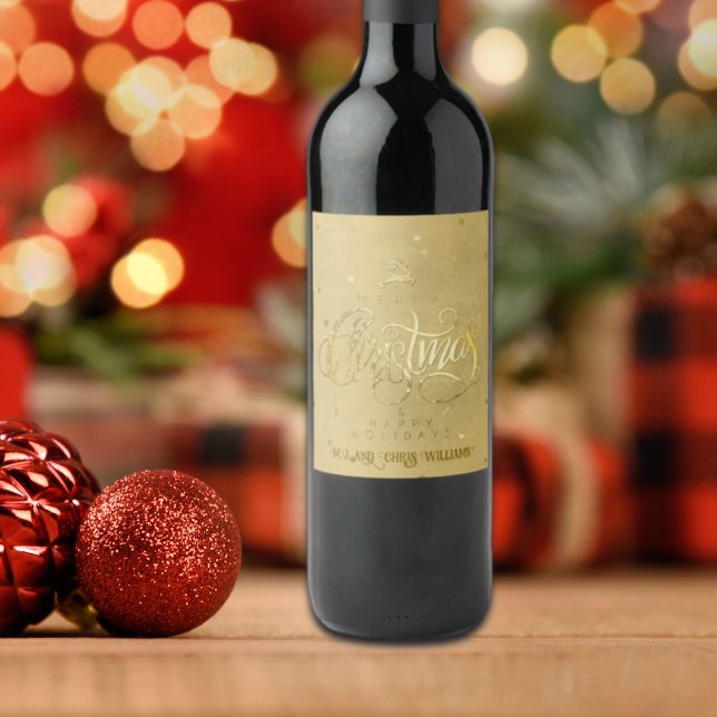 Elegant Guld Reindeer Guld Brev jul Vinflaska Etikett (Skapare uppladdad)