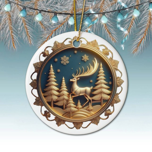 Elegant Guld Reindeer, Hjort, Julafton Snöflingor  Julgransprydnad Keramik (Round ceramic reindeer ornament with elegant gold colored frame, Festive Golden deer decor. 🦌🎄)